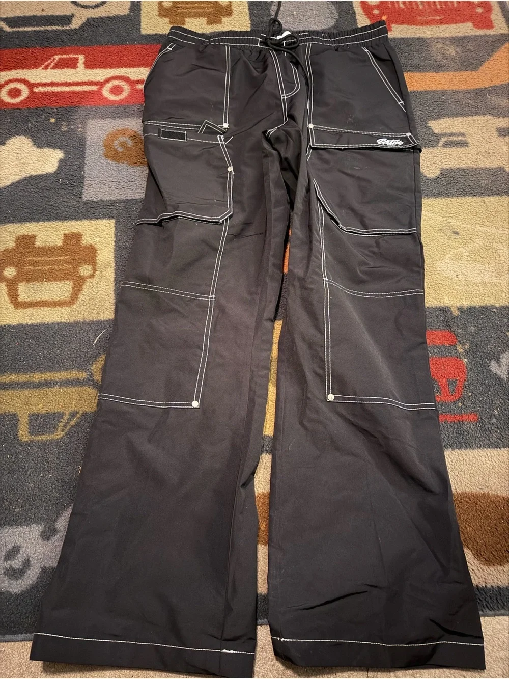 Black Workwear Pants with White Stitching and Embroidered Logo